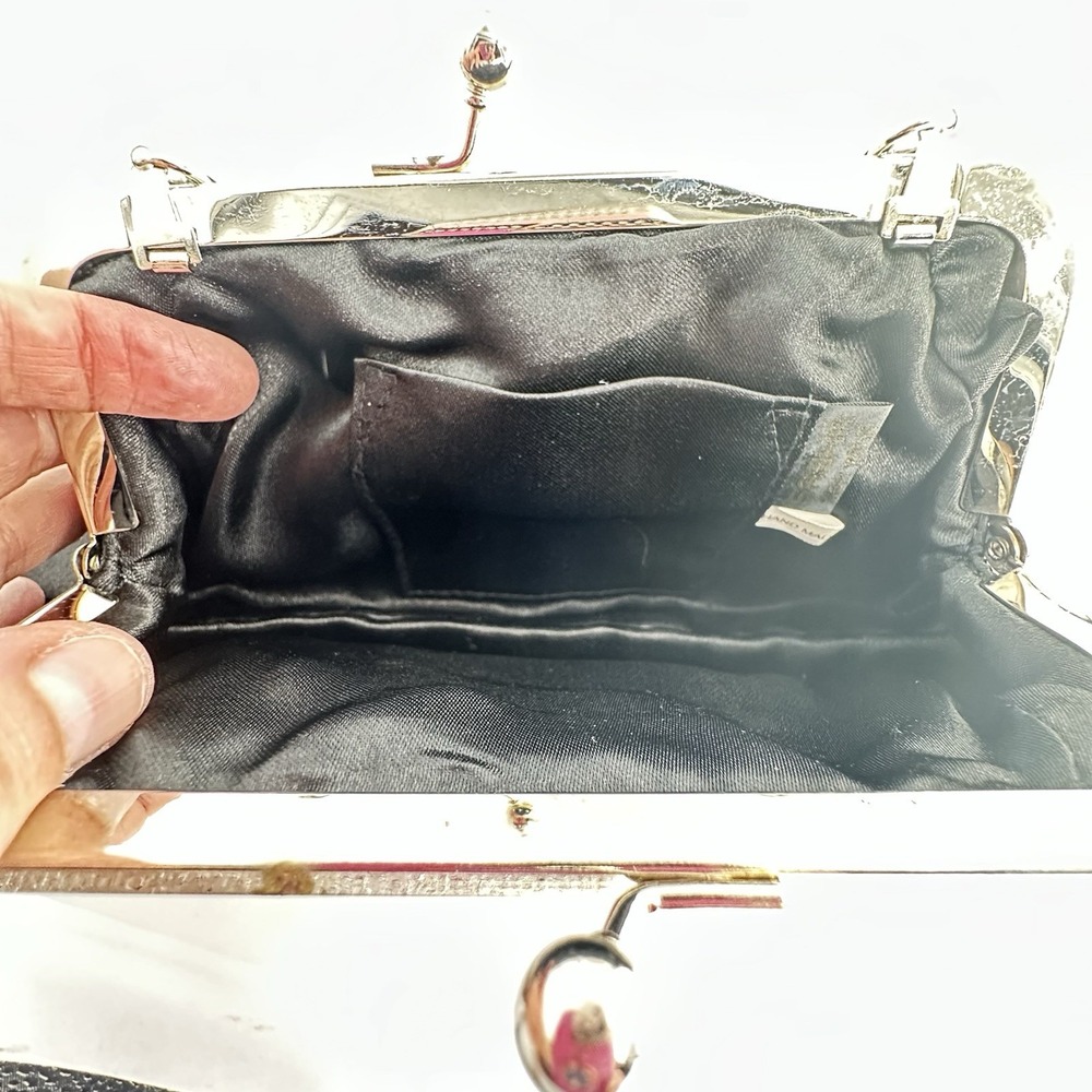 White House Black Market Pleated Satin  Pouch Purse Gem Snap Black Evening Bag - Picture 5 of 7